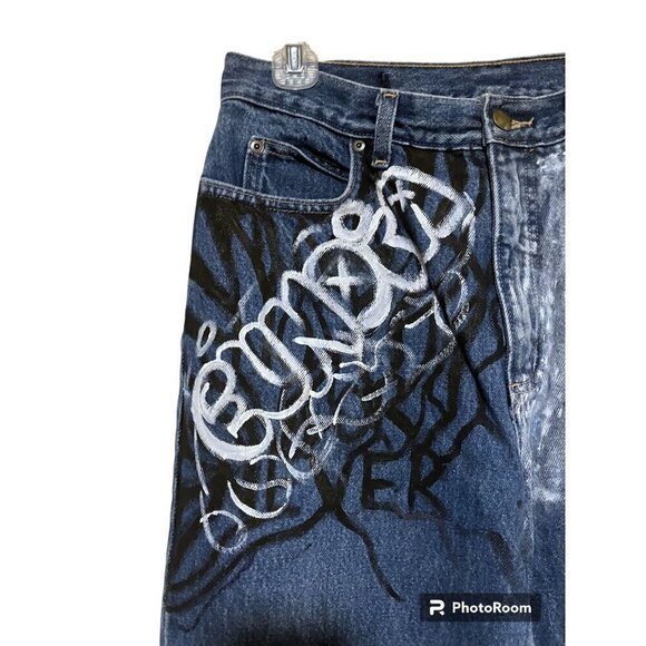 Vintage Upcycled Graffiti Jeans 10 High Rise Taper 30 x 28 Distressed Destroyed - Picture 5 of 14